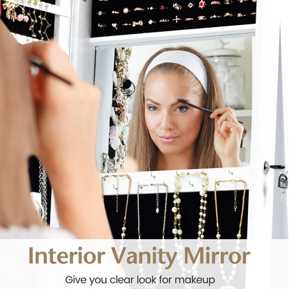 Free Standing Jewelry Armoire with Full Length Mirror for Bedroom-White