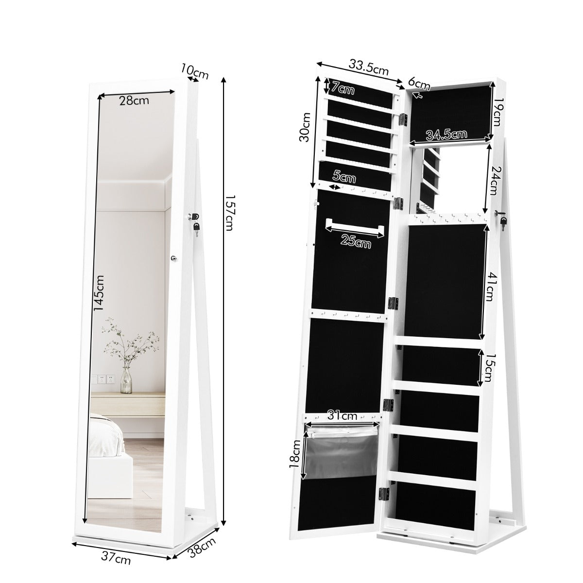 Free Standing Jewelry Armoire with Full Length Mirror for Bedroom-White