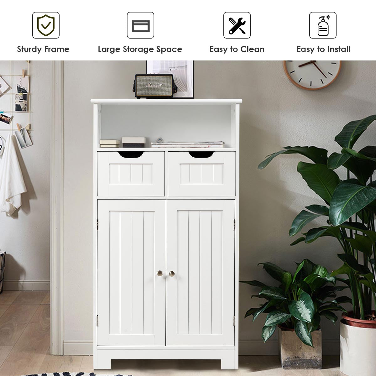 Bathroom Floor Cabinet with Open Shelf &amp; 2 Drawers-White