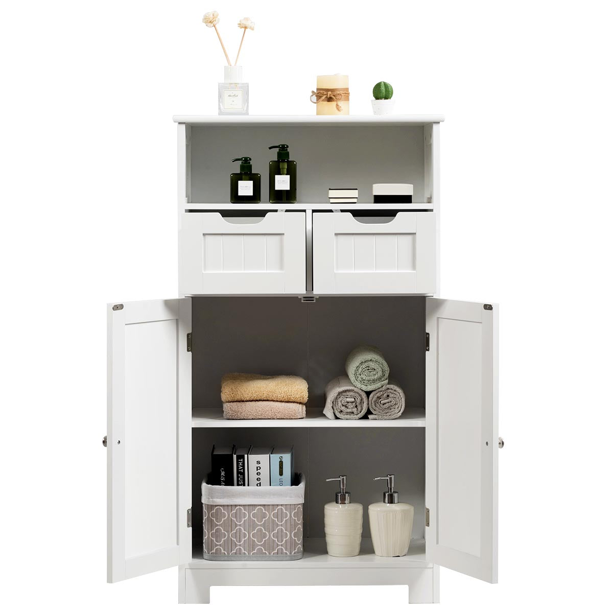 Bathroom Floor Cabinet with Open Shelf &amp; 2 Drawers-White