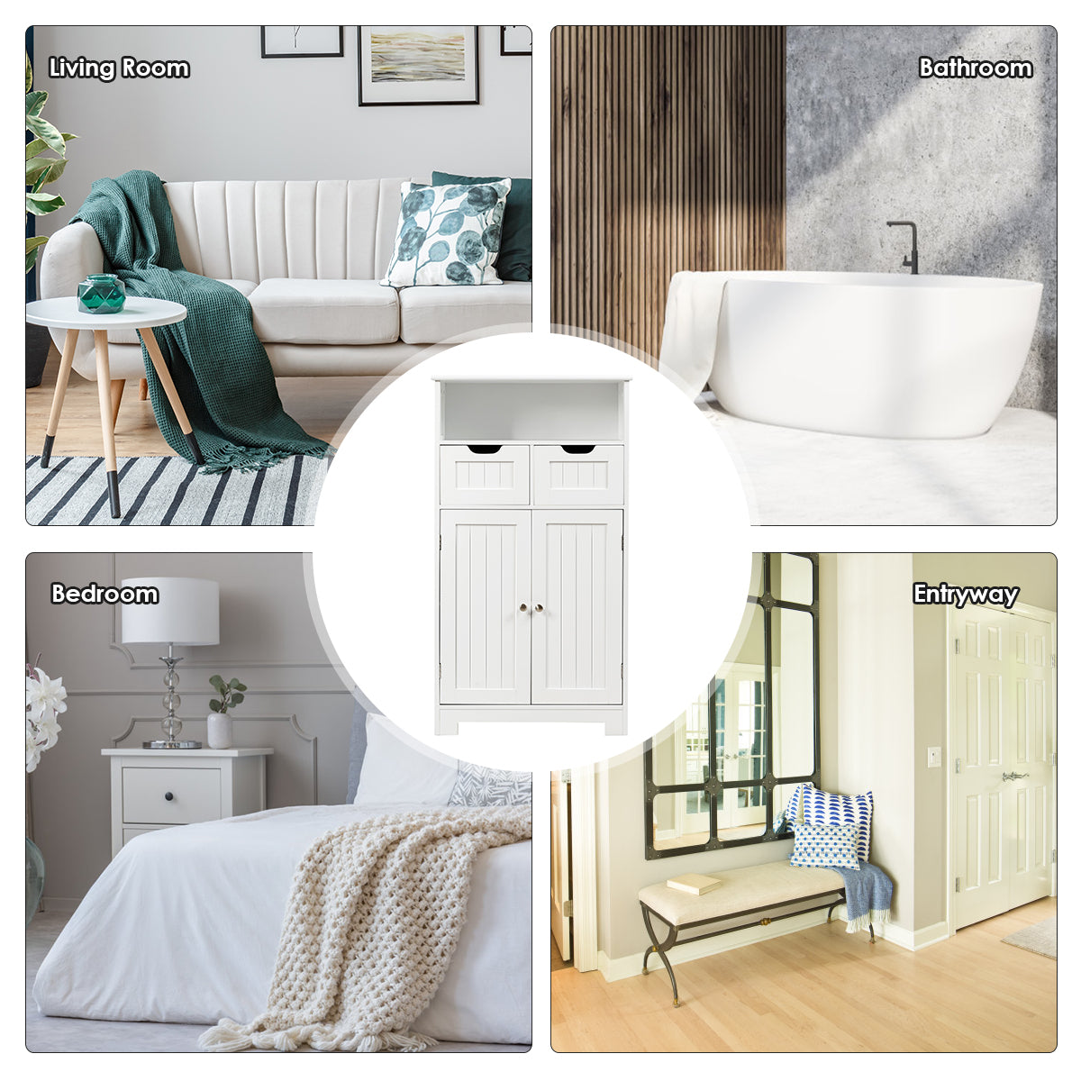Bathroom Floor Cabinet with Open Shelf &amp; 2 Drawers-White