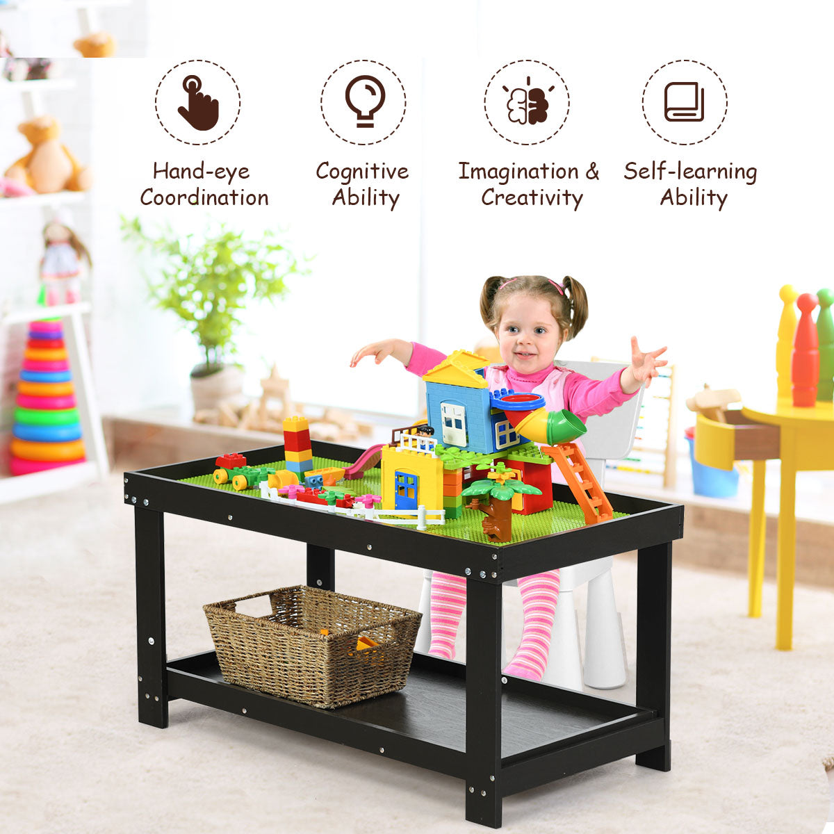 Wooden Kids Activity Table with Storage Shelf and Removable Tabletop-Coffee