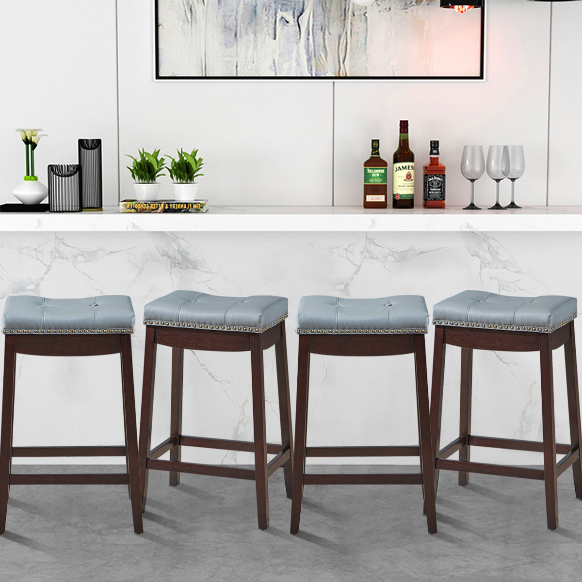 Backless Nailhead Bar Stool with Counter Height for Dining Room-Coffee