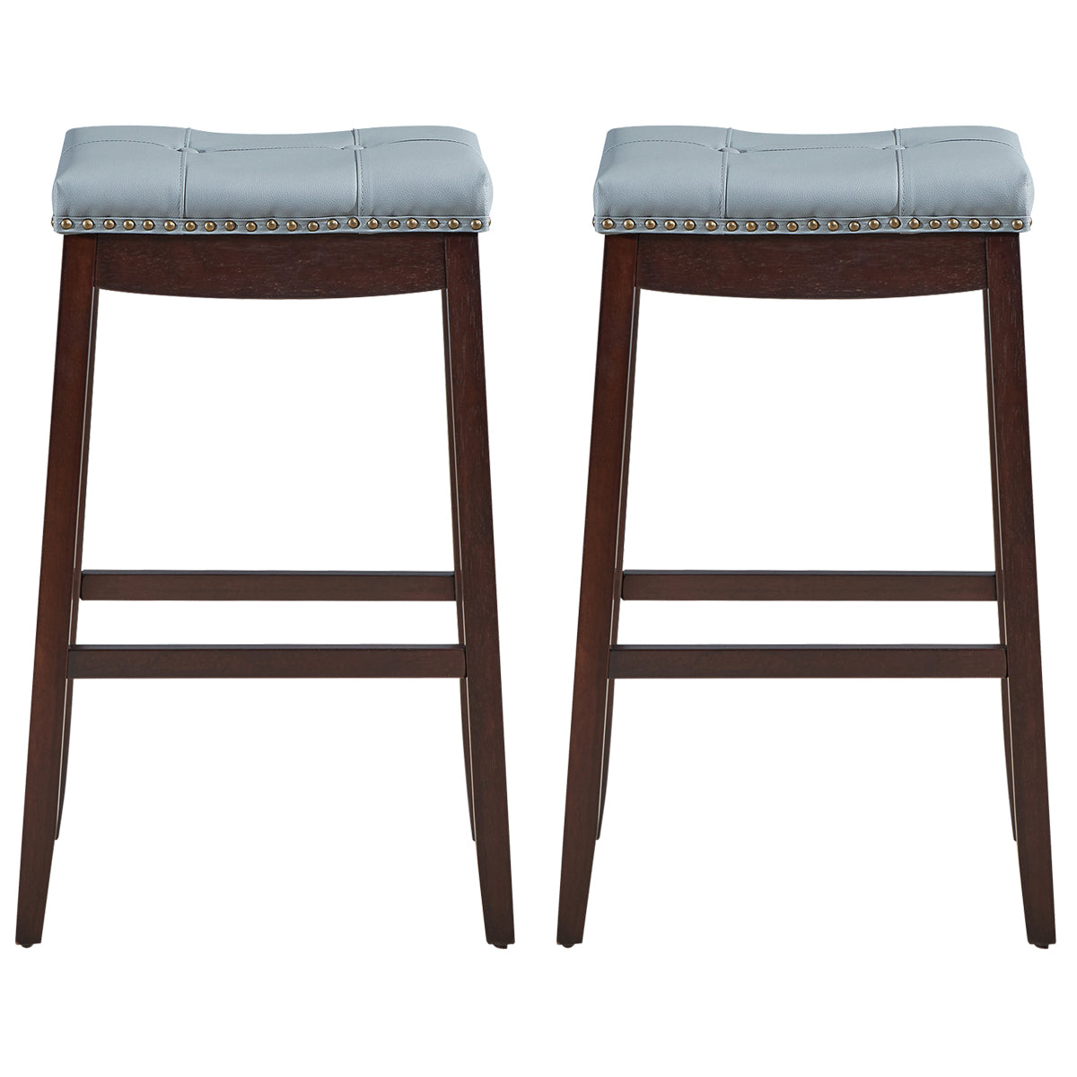 Backless Nailhead Bar Stool with Natural Rubber Wood Legs for Dining Room-Coffee