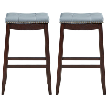 Backless Nailhead Bar Stool with Natural Rubber Wood Legs for Dining Room-Coffee