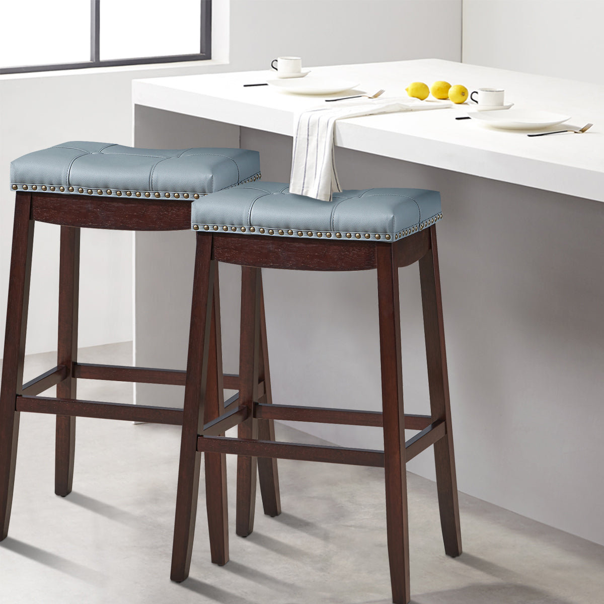 Backless Nailhead Bar Stool with Natural Rubber Wood Legs for Dining Room-Coffee