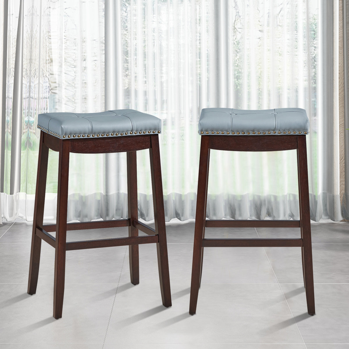Backless Nailhead Bar Stool with Natural Rubber Wood Legs for Dining Room-Coffee