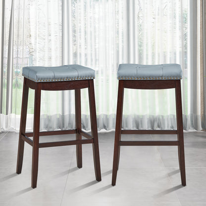Backless Nailhead Bar Stool with Natural Rubber Wood Legs for Dining Room-Coffee