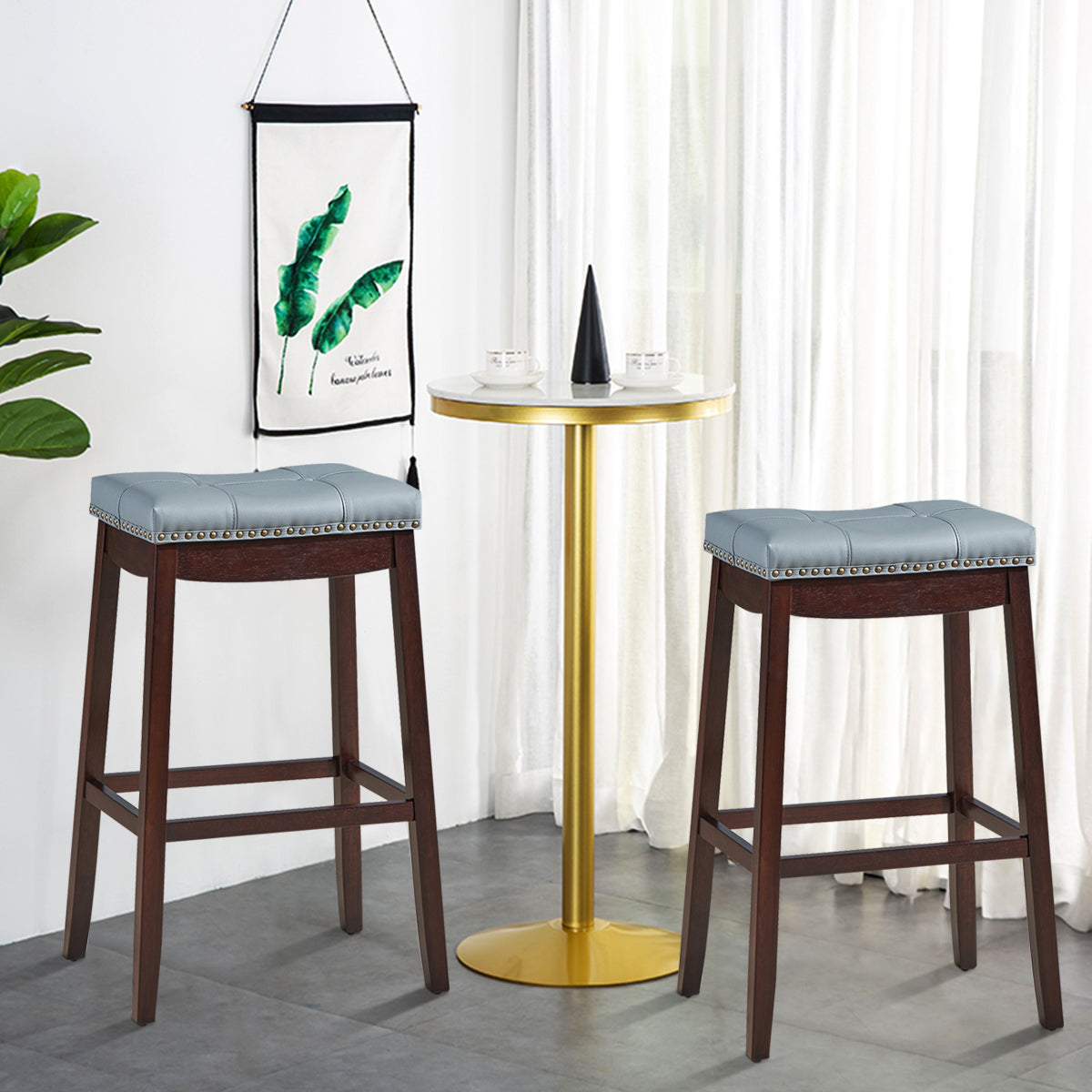 Backless Nailhead Bar Stool with Natural Rubber Wood Legs for Dining Room-Coffee