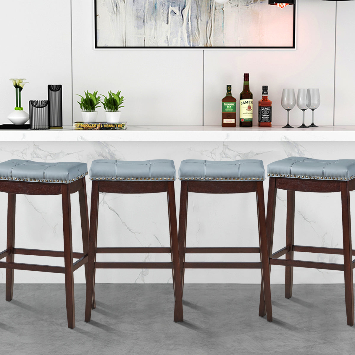 Backless Nailhead Bar Stool with Natural Rubber Wood Legs for Dining Room-Coffee