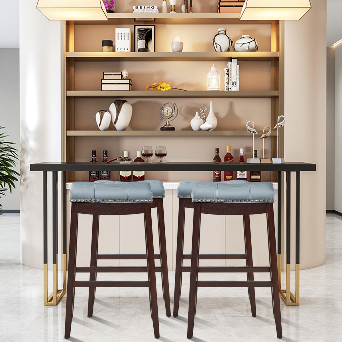Backless Nailhead Bar Stool with Natural Rubber Wood Legs for Dining Room-Coffee