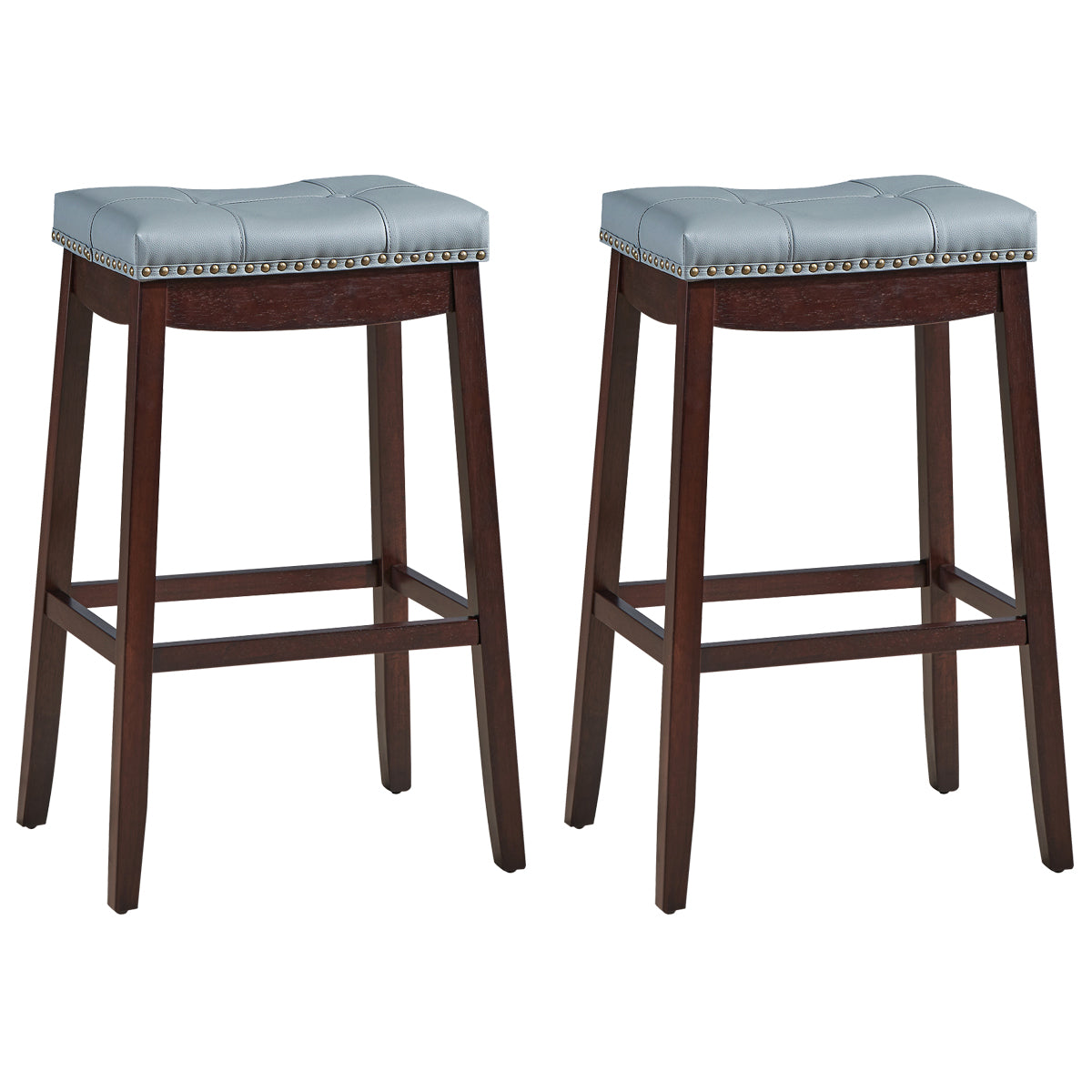 Backless Nailhead Bar Stool with Natural Rubber Wood Legs for Dining Room-Coffee