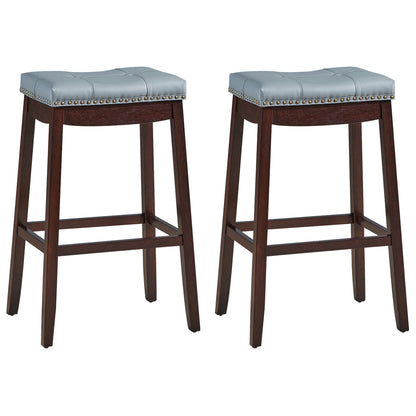 Backless Nailhead Bar Stool with Natural Rubber Wood Legs for Dining Room-Coffee