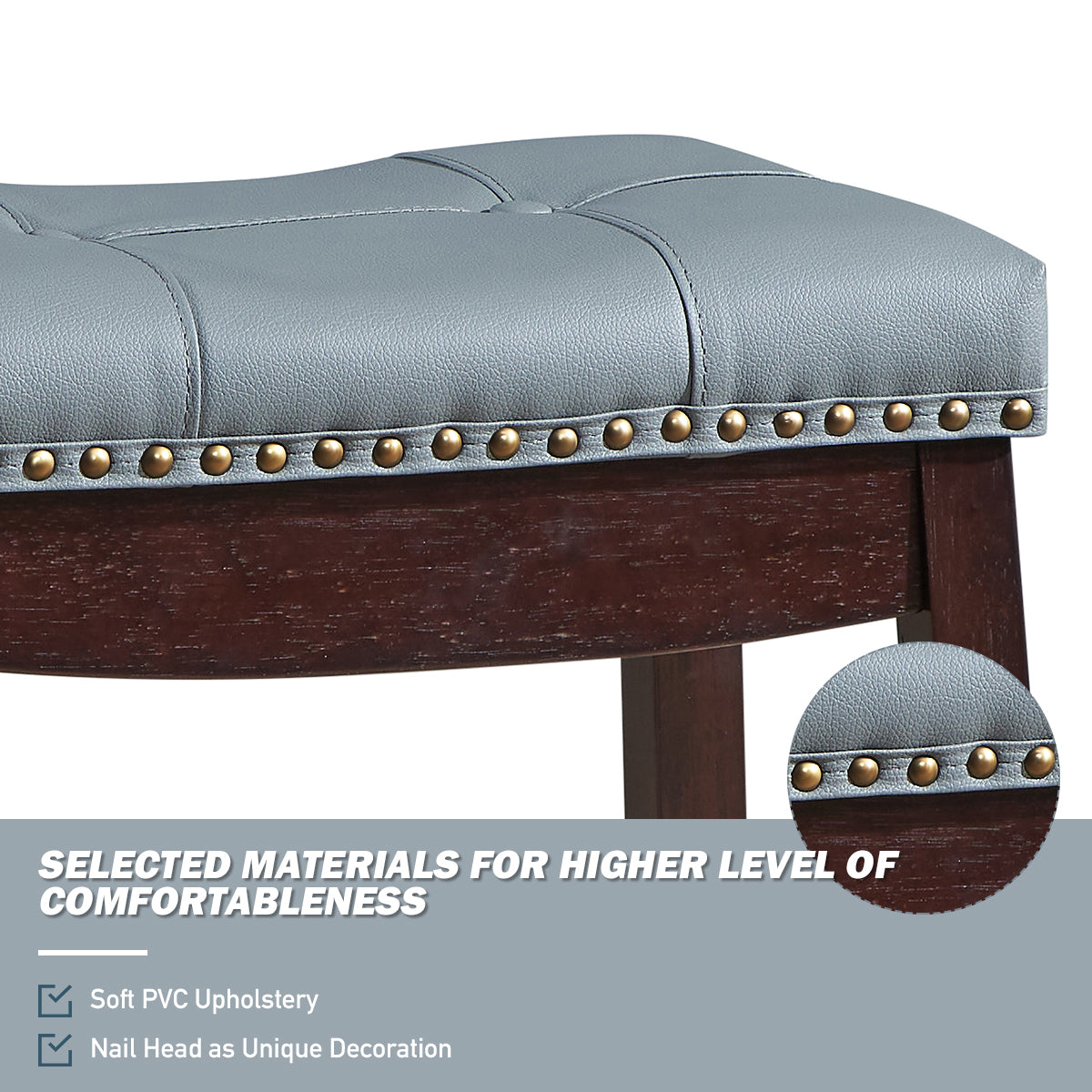 Backless Nailhead Bar Stool with Natural Rubber Wood Legs for Dining Room-Coffee