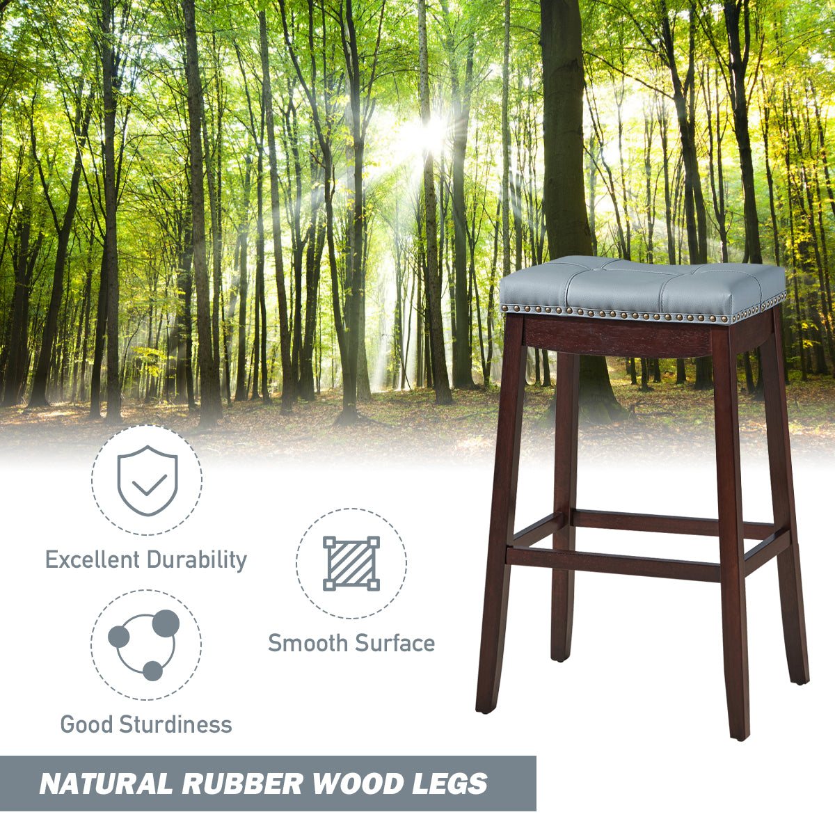 Backless Nailhead Bar Stool with Natural Rubber Wood Legs for Dining Room-Coffee