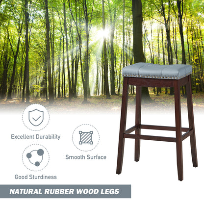 Backless Nailhead Bar Stool with Natural Rubber Wood Legs for Dining Room-Coffee