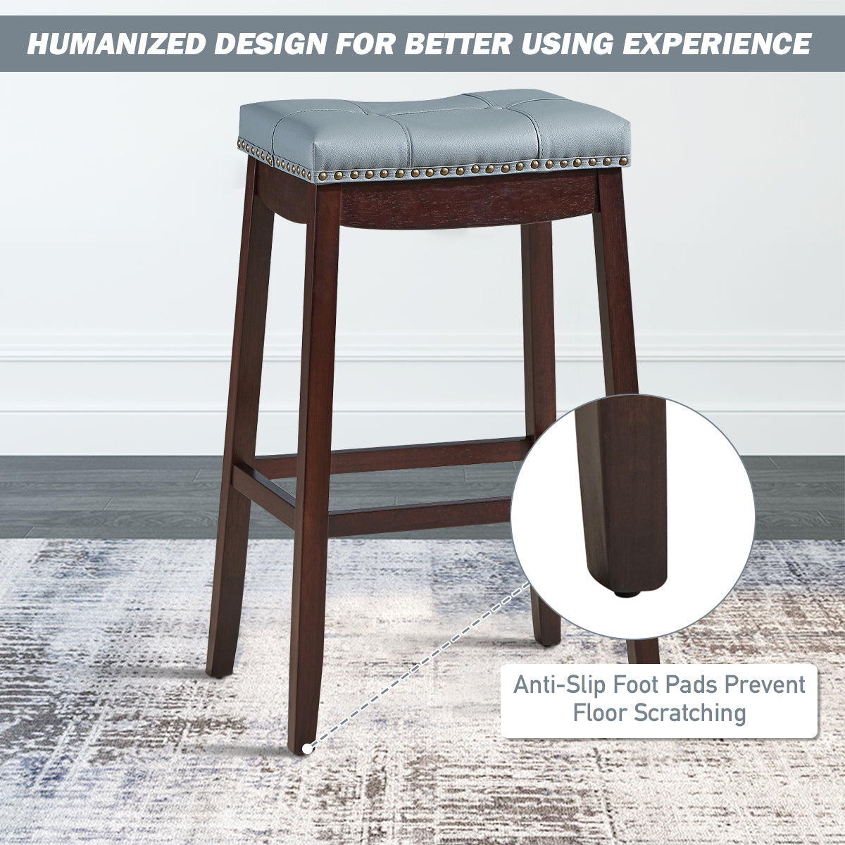 Backless Nailhead Bar Stool with Natural Rubber Wood Legs for Dining Room-Coffee