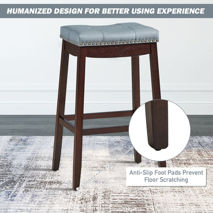Backless Nailhead Bar Stool with Natural Rubber Wood Legs for Dining Room-Coffee