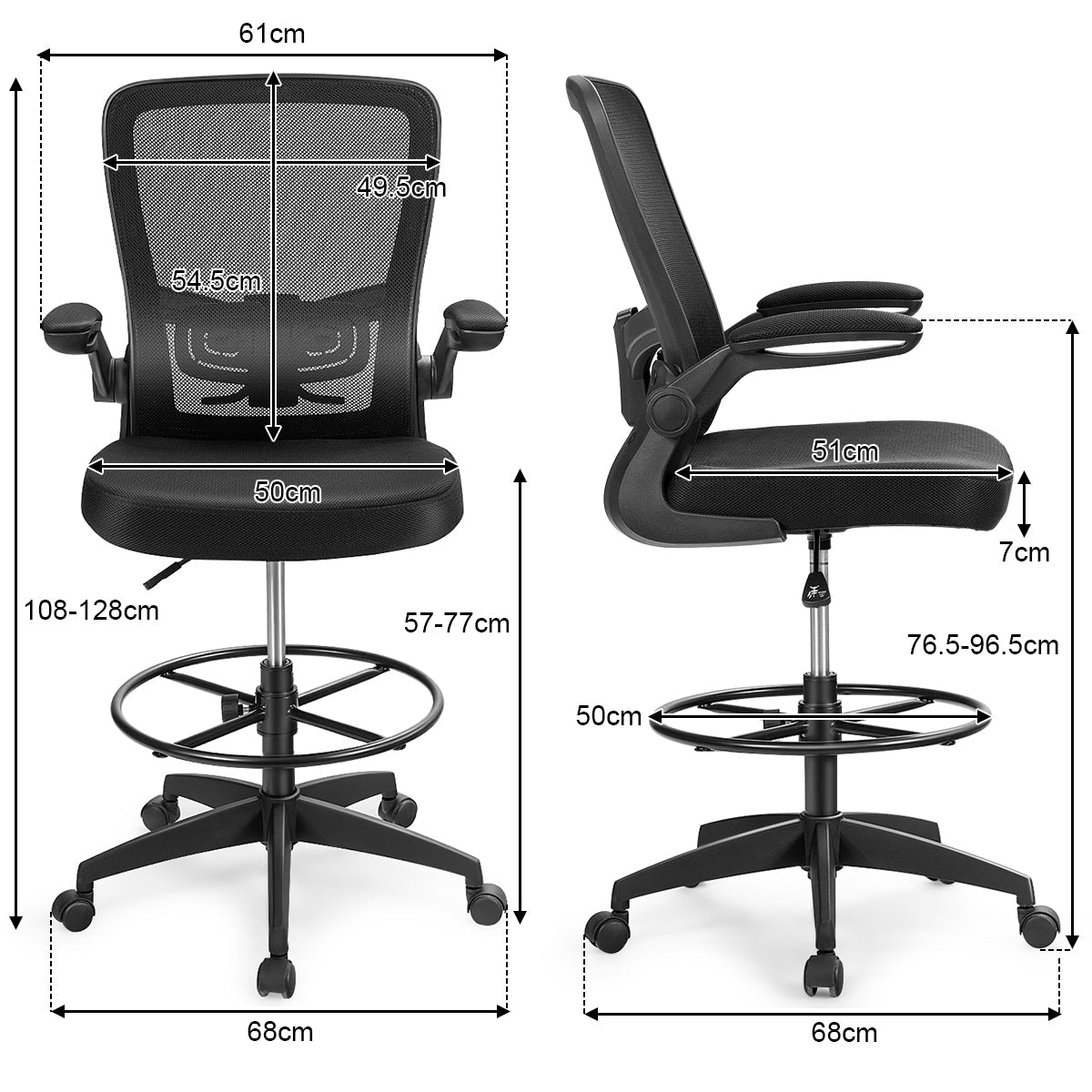 Professional drafting office chair with adjustable height, lumbar support and breathable mesh upholstery