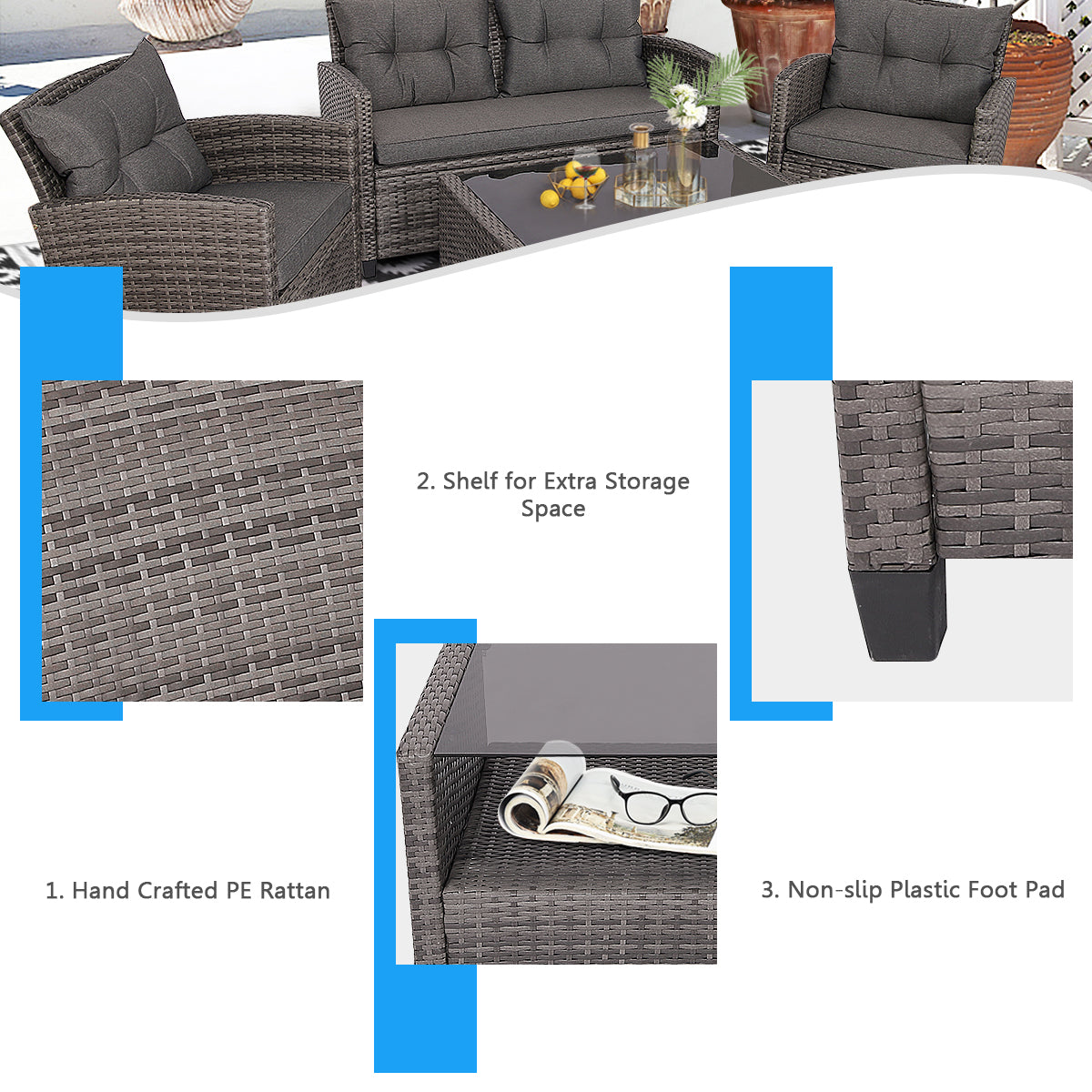 4 Piece Patio Wicker Furniture Set with Glass Coffee Table and Removable Cushions-Grey
