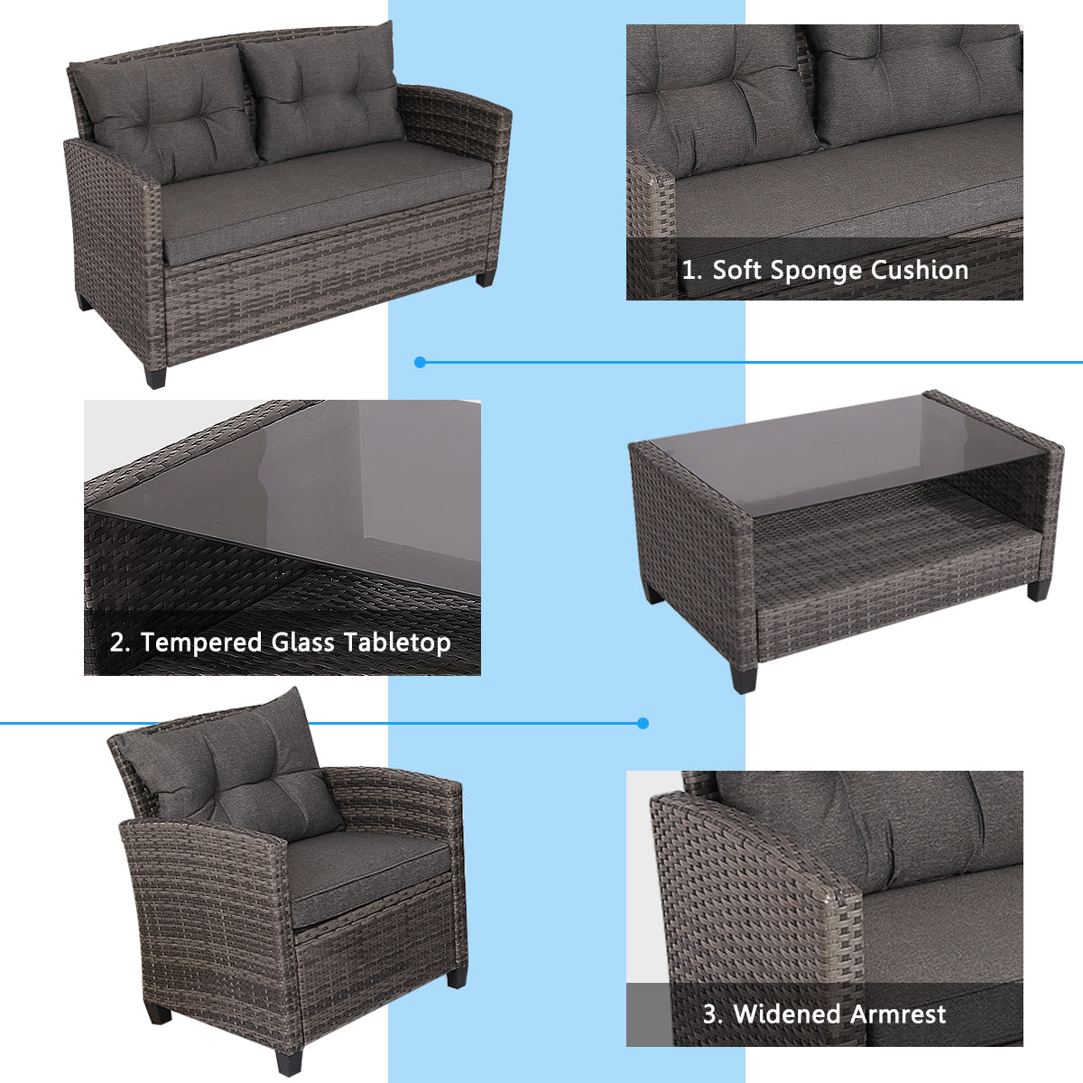 4 Piece Patio Wicker Furniture Set with Glass Coffee Table and Removable Cushions-Grey