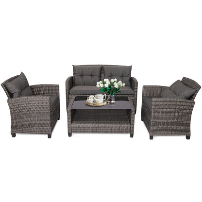 4 Piece Patio Wicker Furniture Set with Glass Coffee Table and Removable Cushions-Grey