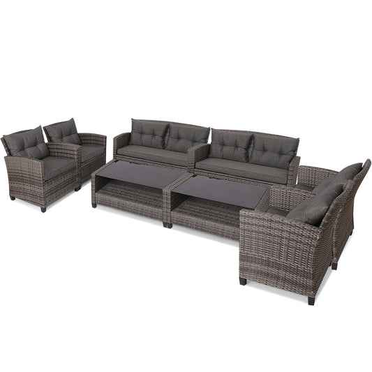 4 Piece Patio Wicker Furniture Set with Glass Coffee Table and Removable Cushions-Grey