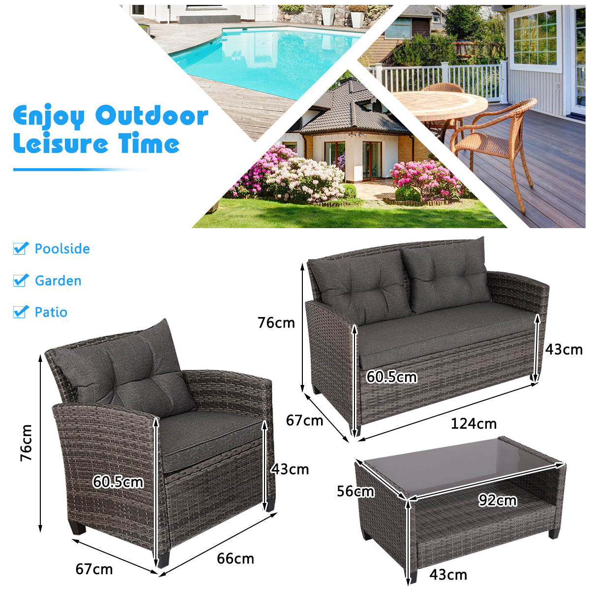 4 Piece Patio Wicker Furniture Set with Glass Coffee Table and Removable Cushions-Grey