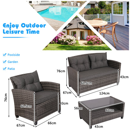 4 Piece Patio Wicker Furniture Set with Glass Coffee Table and Removable Cushions-Grey