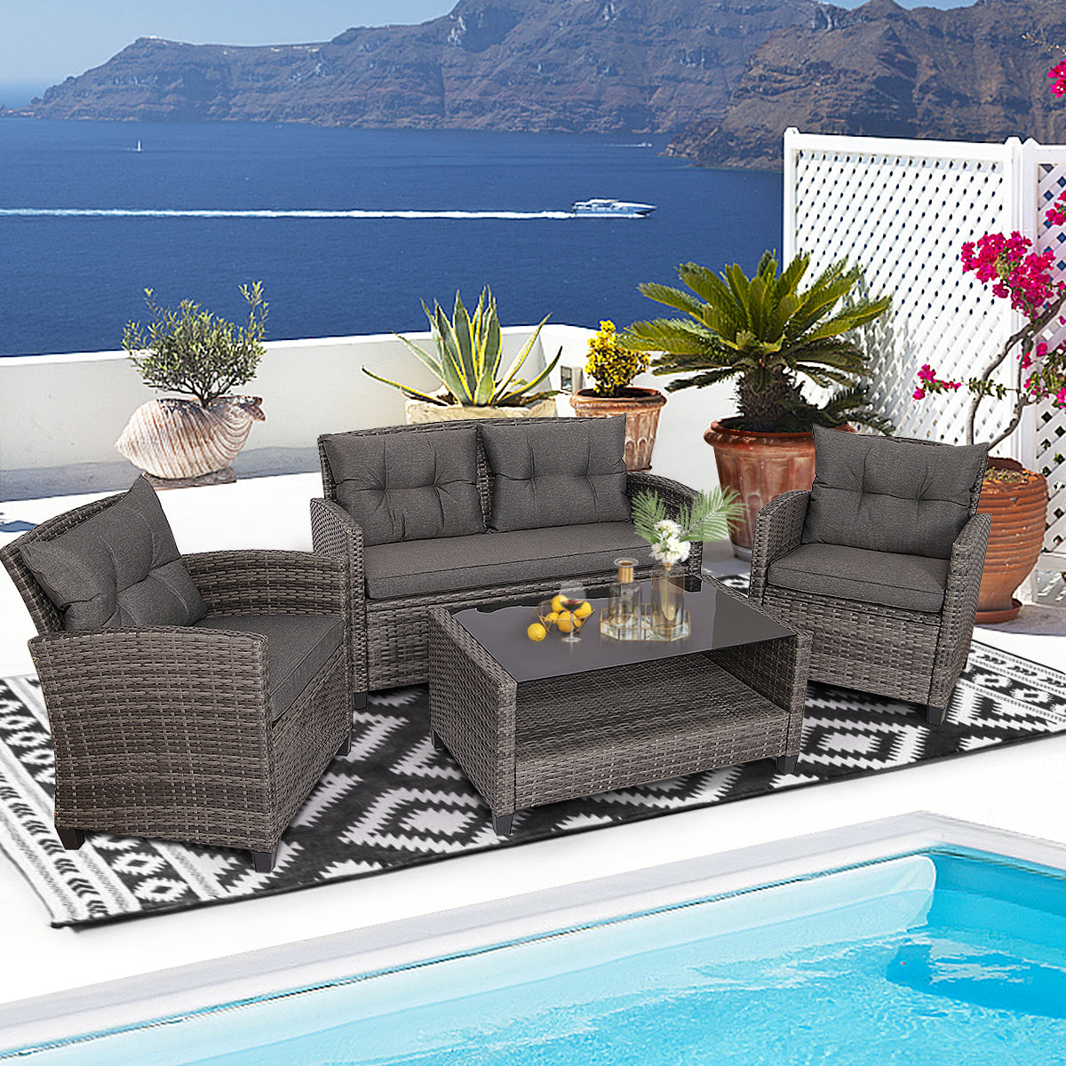 4 Piece Patio Wicker Furniture Set with Glass Coffee Table and Removable Cushions-Grey