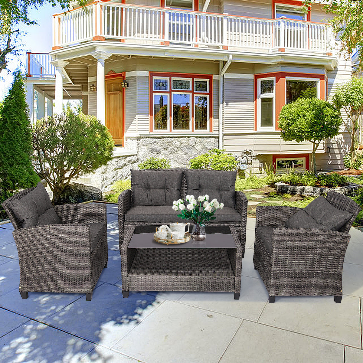 4 Piece Patio Wicker Furniture Set with Glass Coffee Table and Removable Cushions-Grey