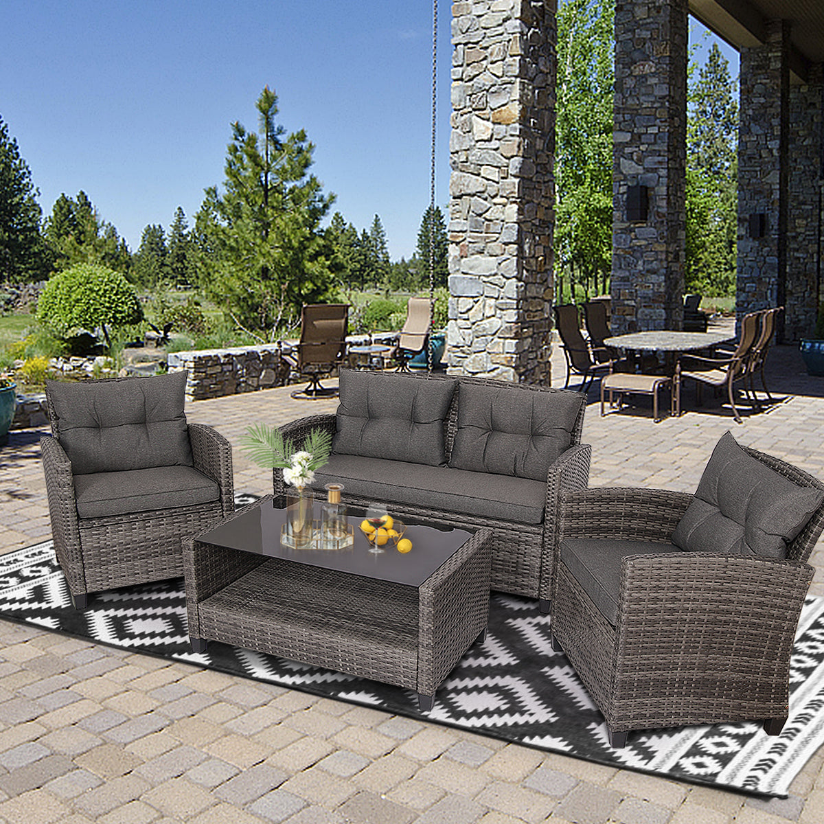 4 Piece Patio Wicker Furniture Set with Glass Coffee Table and Removable Cushions-Grey