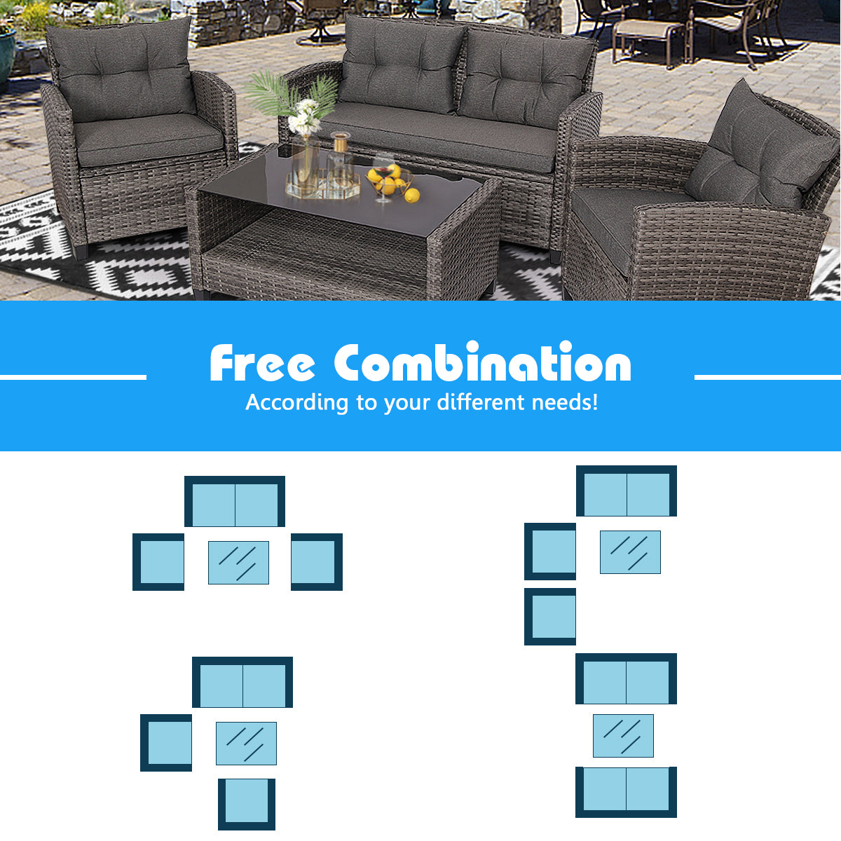 4 Piece Patio Wicker Furniture Set with Glass Coffee Table and Removable Cushions-Grey