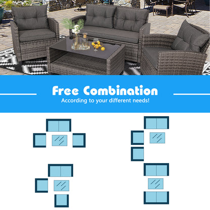 4 Piece Patio Wicker Furniture Set with Glass Coffee Table and Removable Cushions-Grey