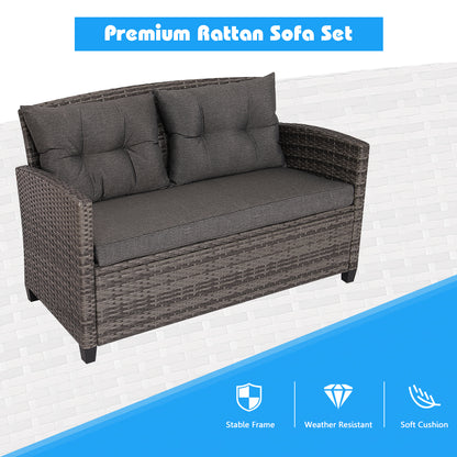 4 Piece Patio Wicker Furniture Set with Glass Coffee Table and Removable Cushions-Grey