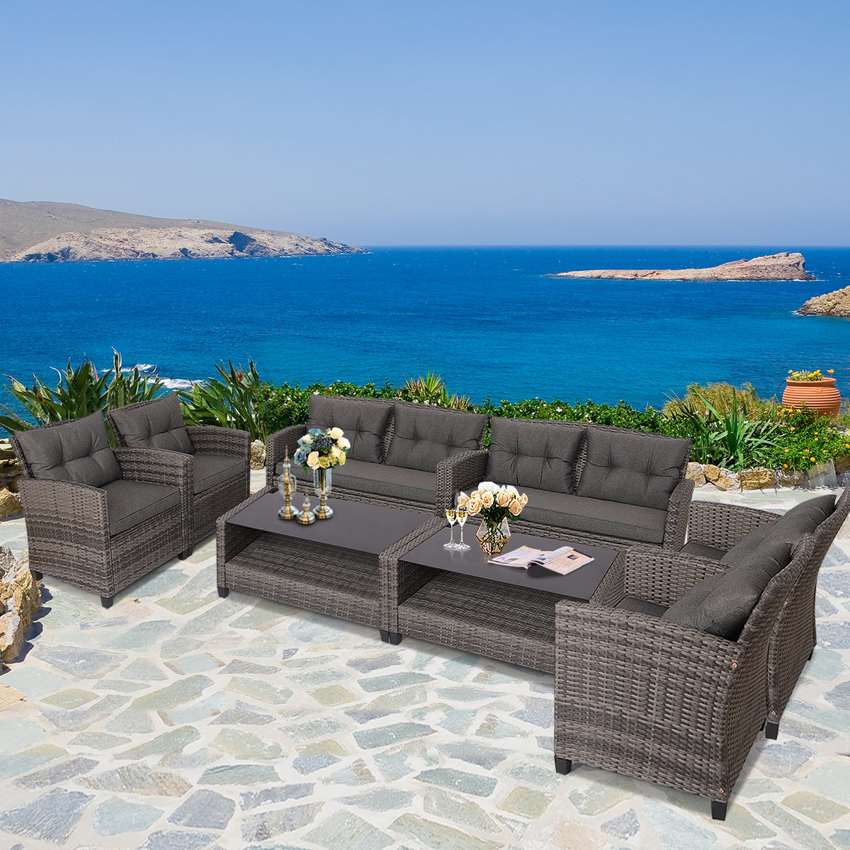 4 Piece Patio Wicker Furniture Set with Glass Coffee Table and Removable Cushions-Grey