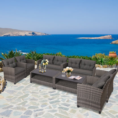 4 Piece Patio Wicker Furniture Set with Glass Coffee Table and Removable Cushions-Grey