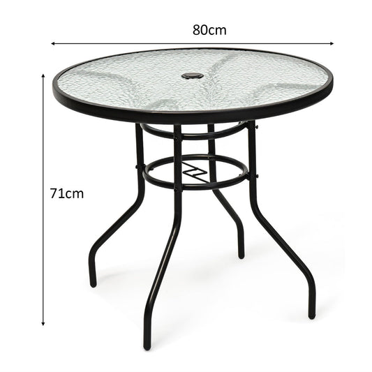 Round patio coffee table with tempered glass top and powder-coated black metal frame