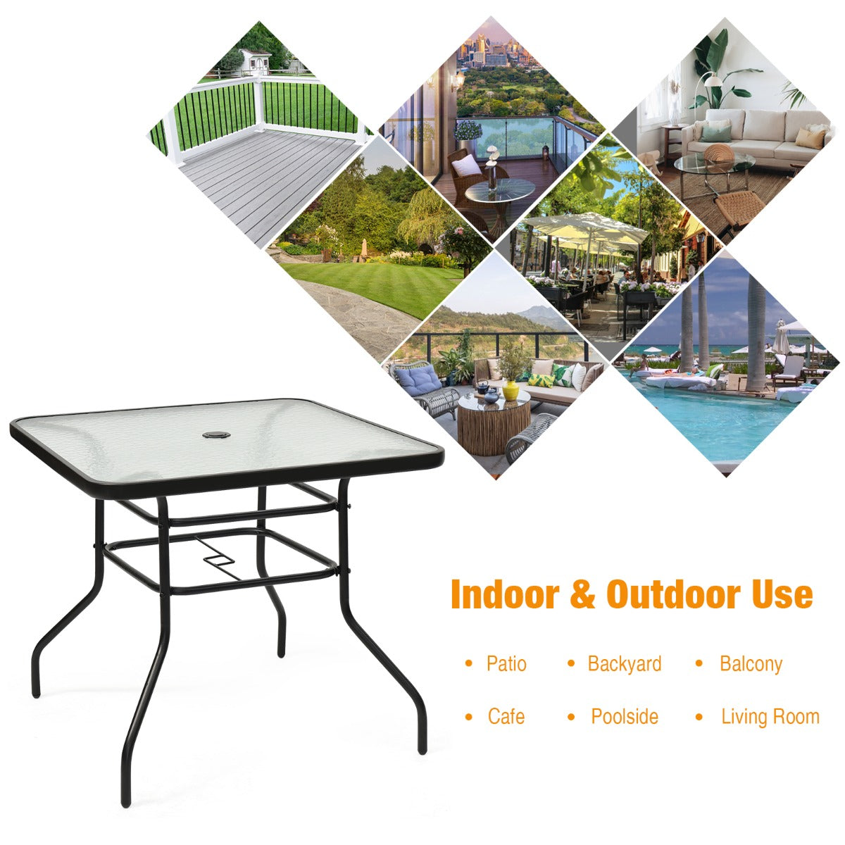 Rectangle Metal Coffee Table with Tempered Glass Top for Patio