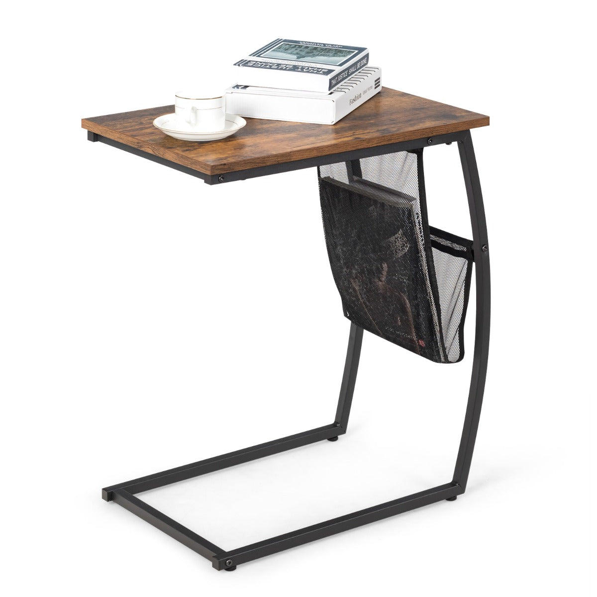 C-shaped End Table with Side Pocket for Living Room, Bedroom
