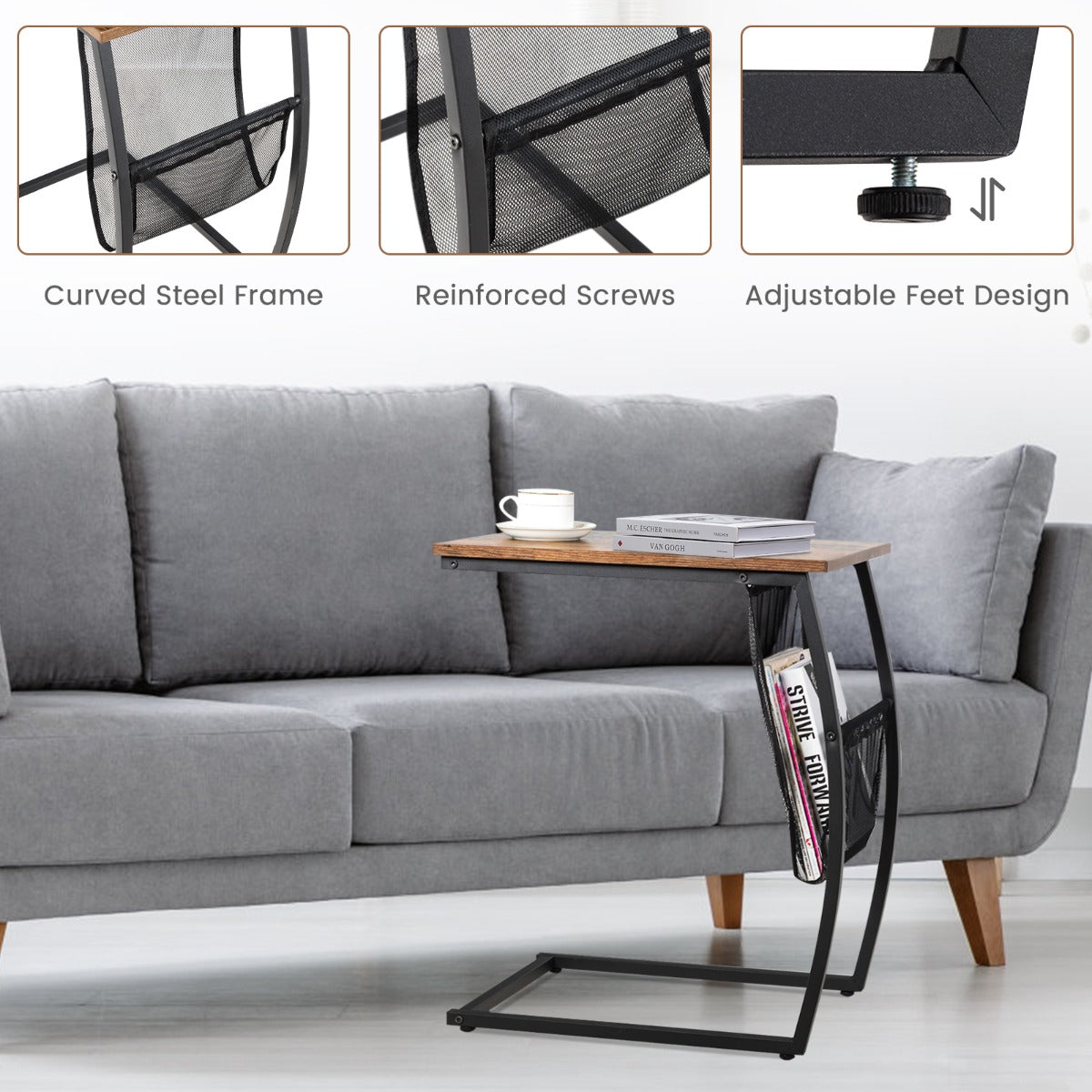 C-shaped End Table with Side Pocket for Living Room, Bedroom