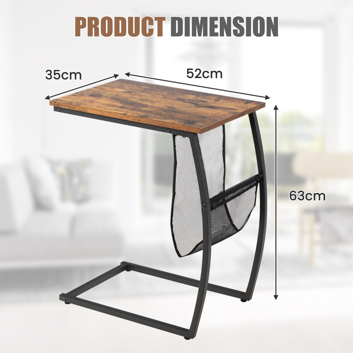 C-shaped End Table with Side Pocket for Living Room, Bedroom