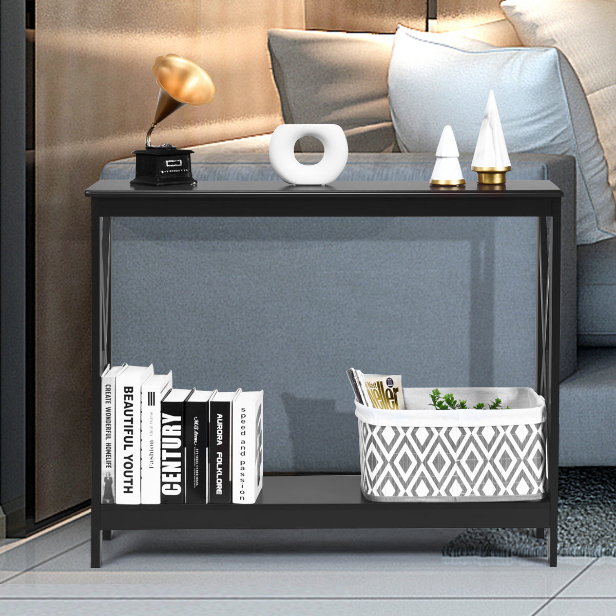 Industrial 2-Tier Narrow Console Table with Storage Shelf for Entryway-Black