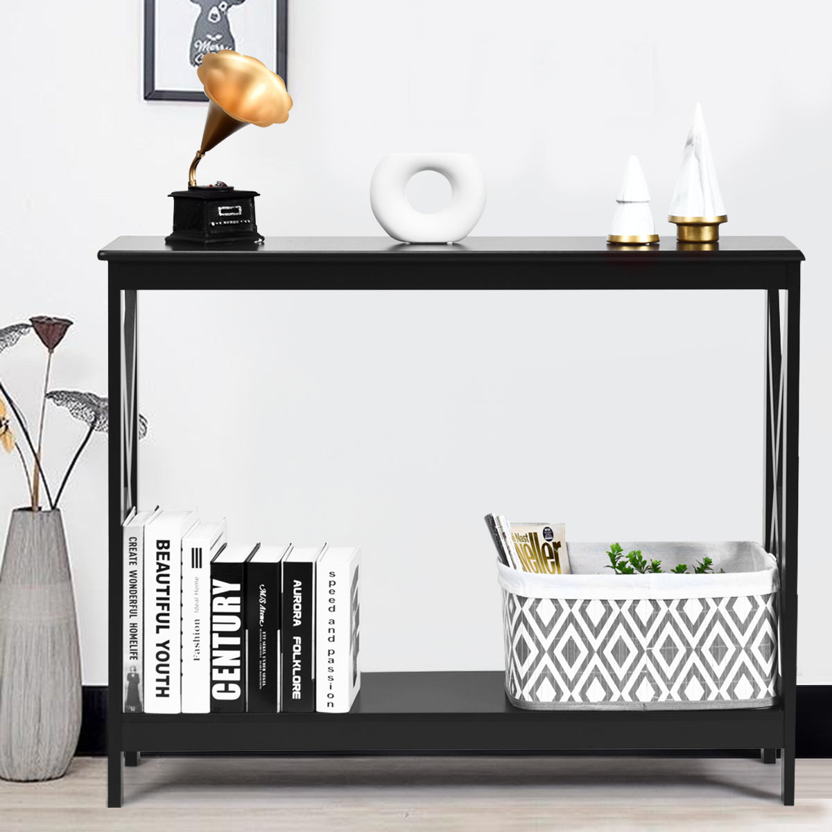 Industrial 2-Tier Narrow Console Table with Storage Shelf for Entryway-Black