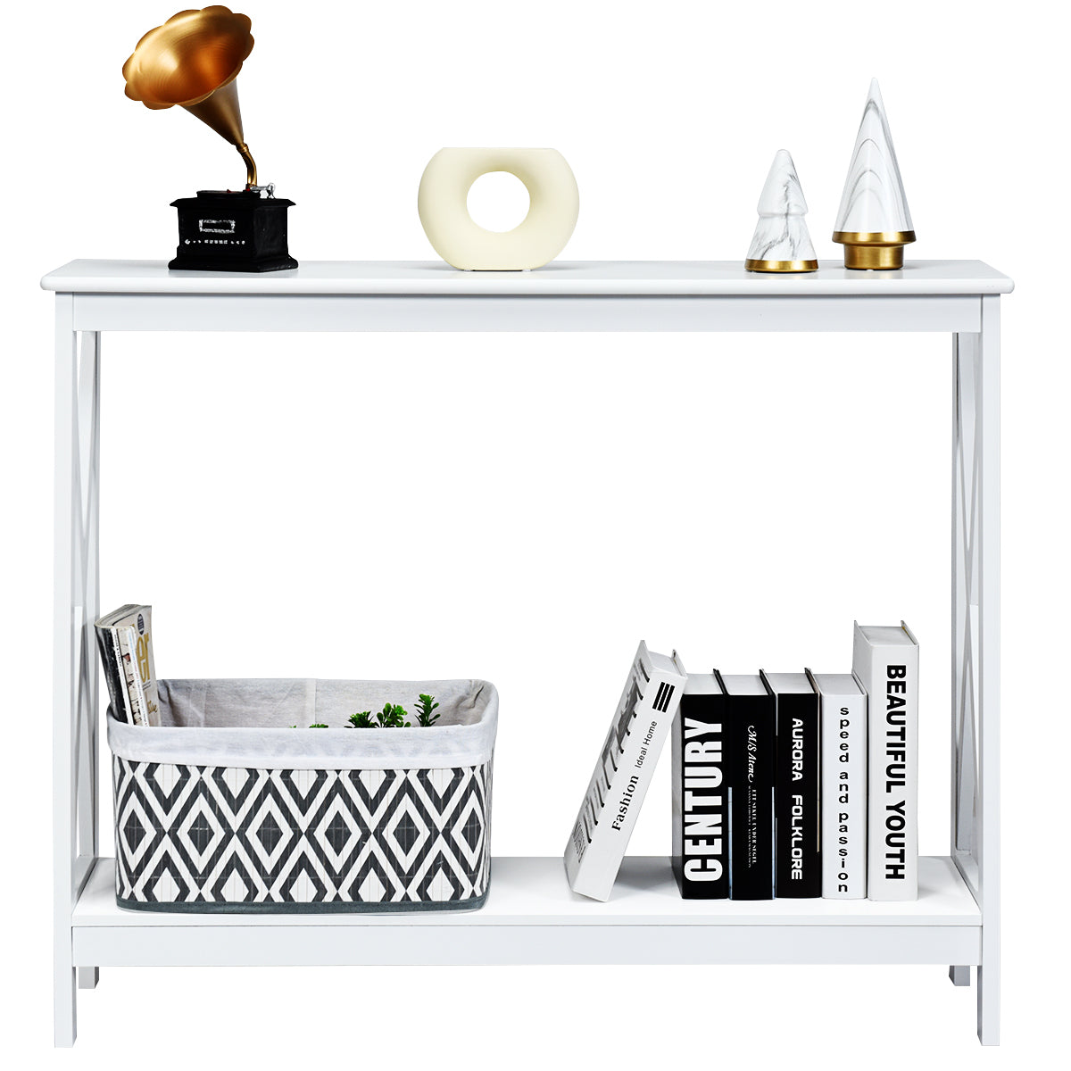 Industrial 2-Tier Narrow Console Table with Storage Shelf for Entryway-White
