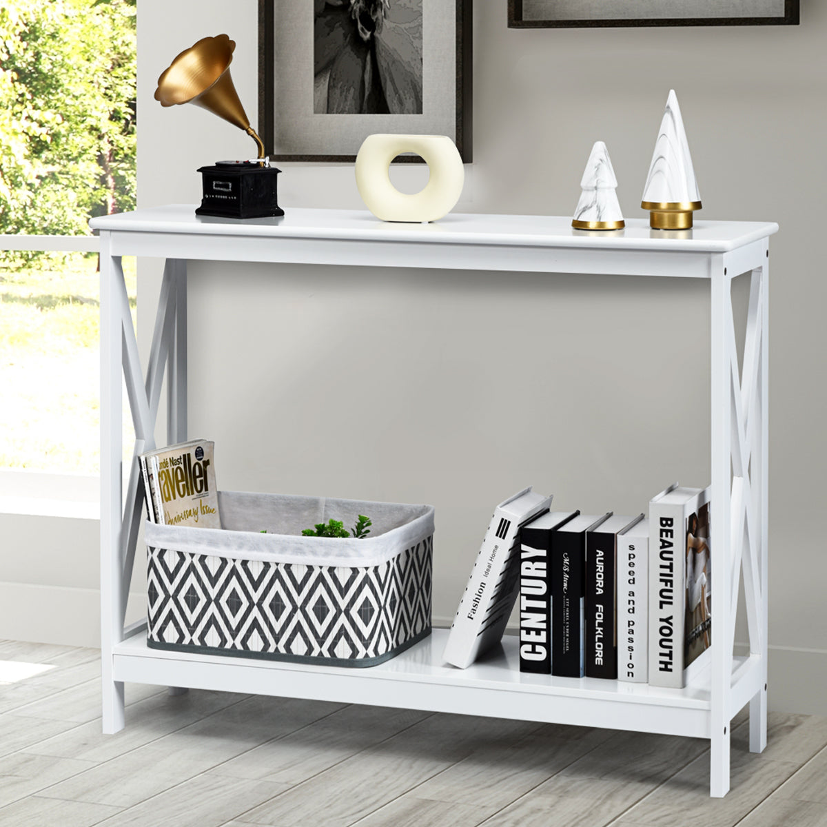 Industrial 2-Tier Narrow Console Table with Storage Shelf for Entryway-White