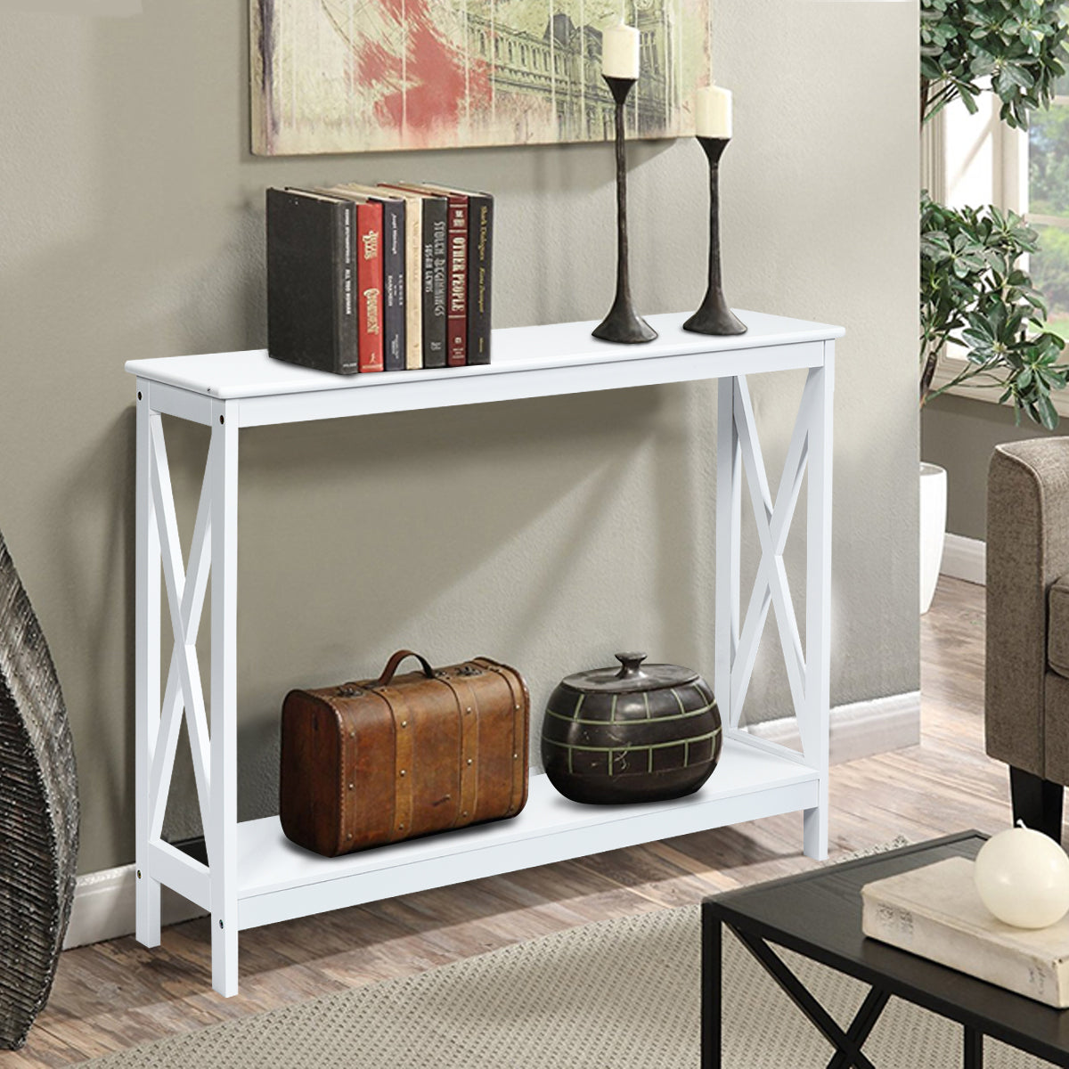 Industrial 2-Tier Narrow Console Table with Storage Shelf for Entryway-White