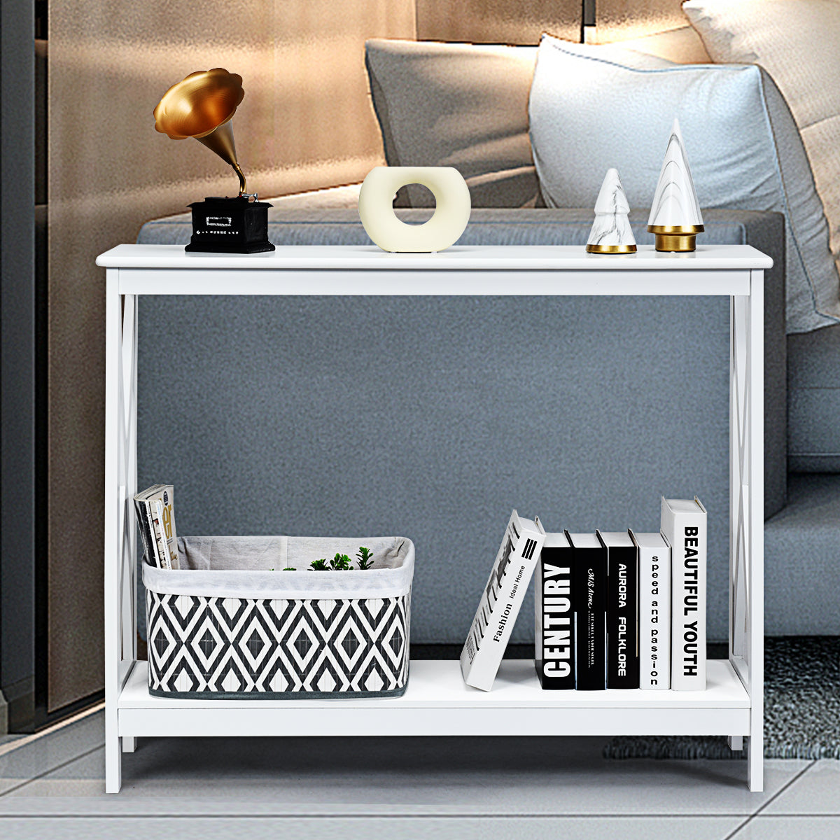 Industrial 2-Tier Narrow Console Table with Storage Shelf for Entryway-White