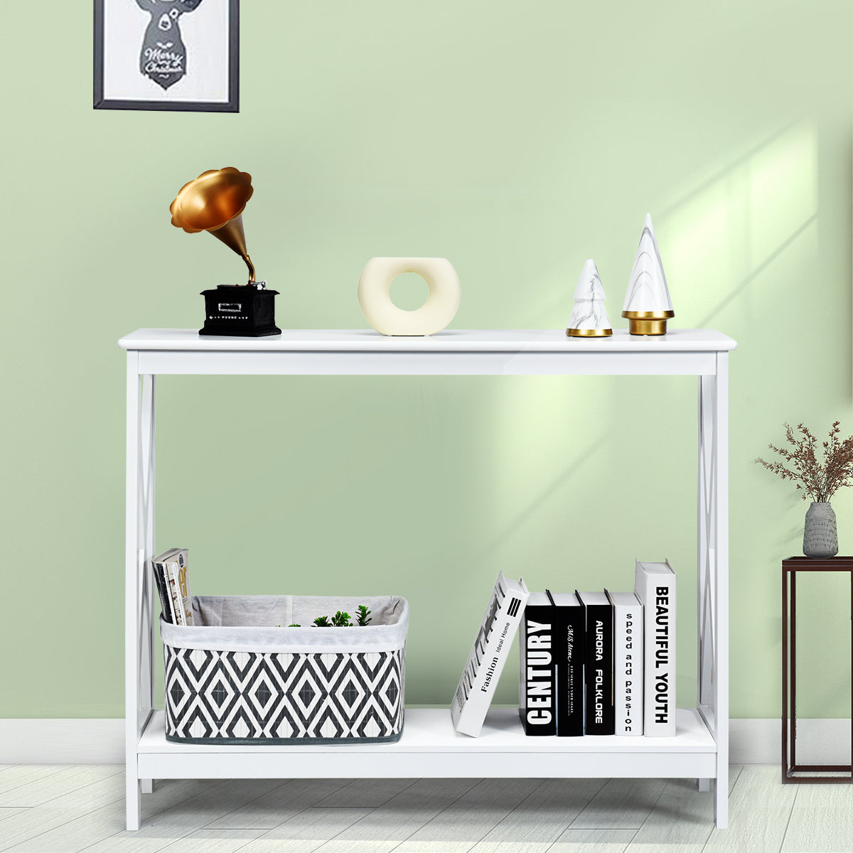 Industrial 2-Tier Narrow Console Table with Storage Shelf for Entryway-White