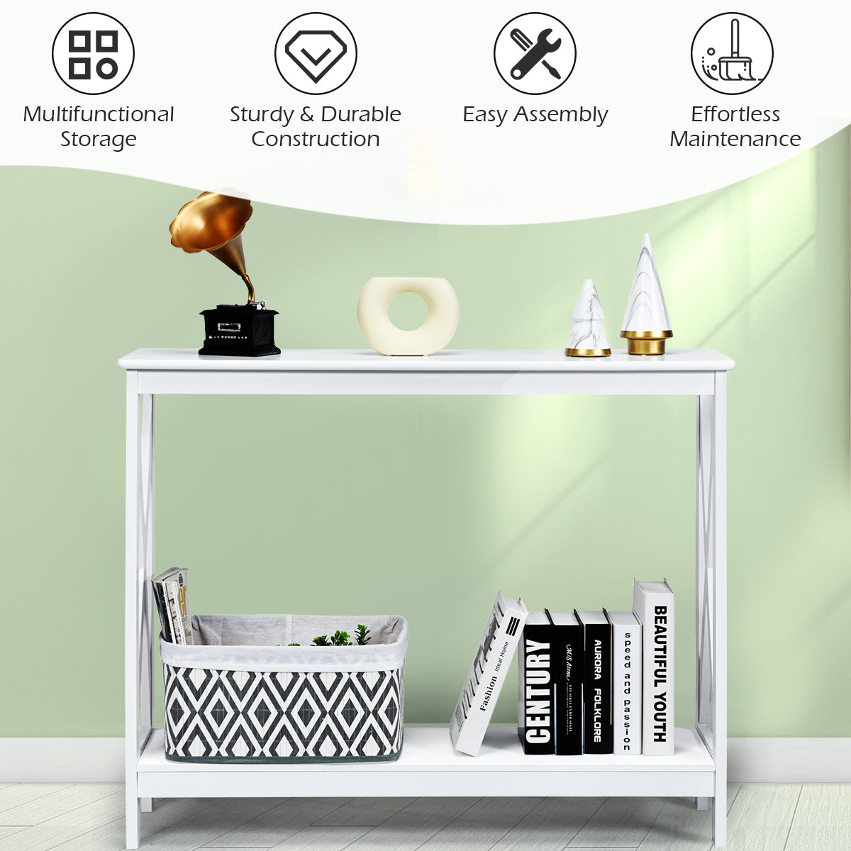 Industrial 2-Tier Narrow Console Table with Storage Shelf for Entryway-White